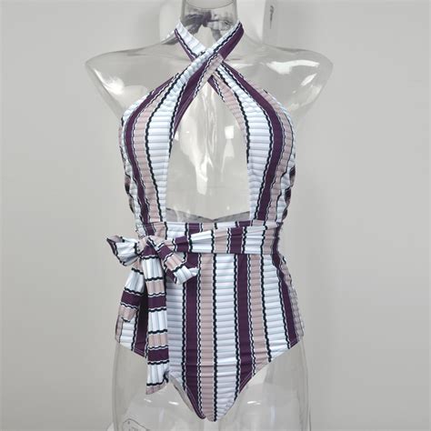 2019 2017 New Style Sexy Stripe High Waist Swimsuit Halter Neck Cross