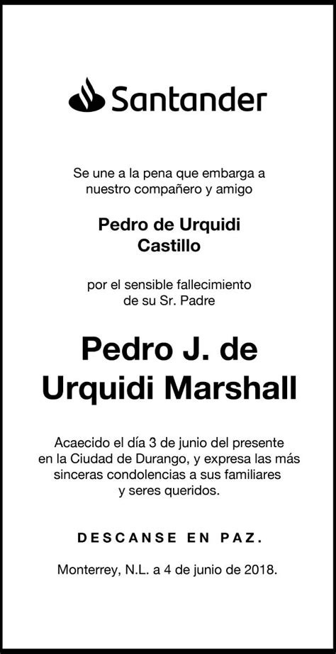 Señor Pedro J de Urquidi Marshall Obituario Esquela