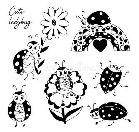 Cute Ladybugs Collection Small Insect Ladybird On Rainbow And Flower