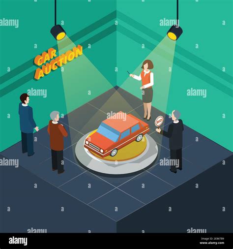 Isometric Car Auction Process Abstract With Bidding People Looking At