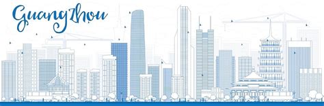 Outline Guangzhou Skyline With Blue Buildings And Reflections Template