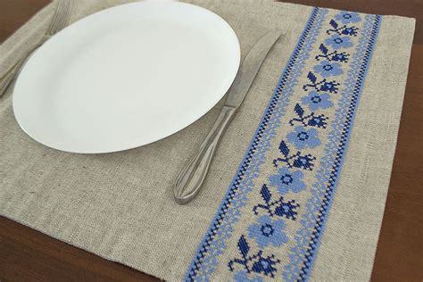 Cross Stitch Table Textile Natural Linen Tischset Linen Placemats