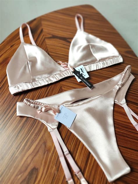 Satin Lingerie Set Pearl Pink Bralette Pink Satin Garter Silky Pink Panty Romantic Loungewear