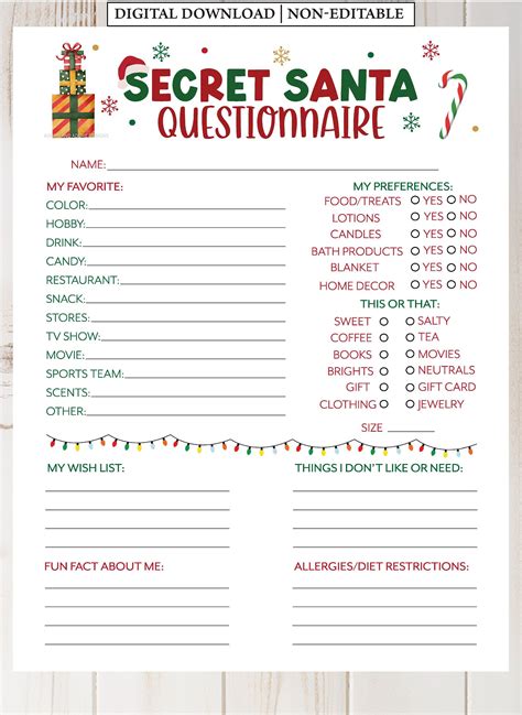 Secret Santa Questionnaire Secret Santa Gift Exchange Printable