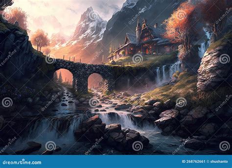 Fantasy Dwarven Village In The Mountains Next To A Ravine With A