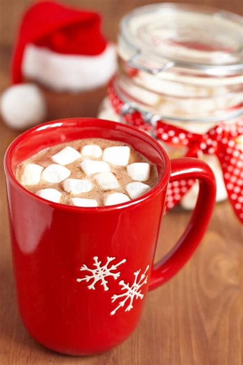 Red Mugs With Hot Chocolate And Marshmallows Stock Photo Image Of