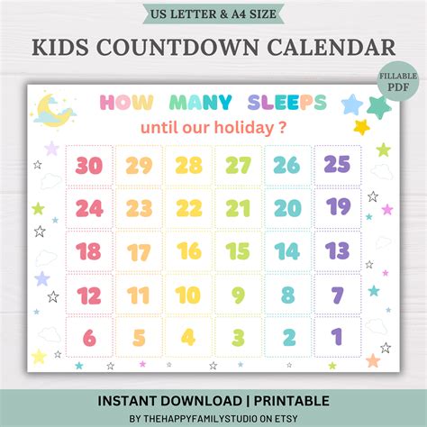 Kids Vacation Countdown, Countdown Calendar for Kids, Kids Countdown