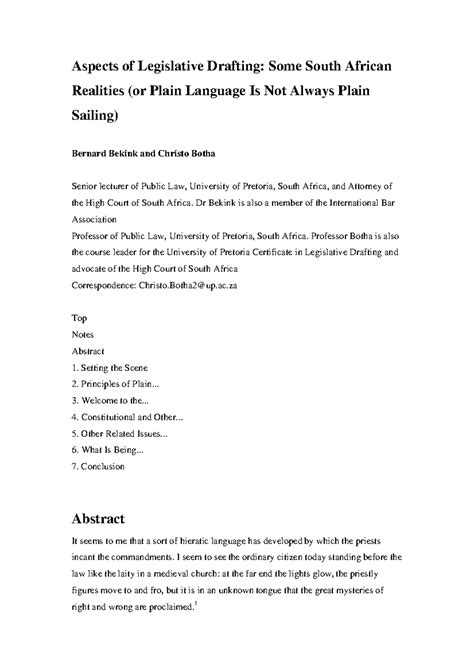 Bekink And Botha Article 2007 Aspects Of Legislative Drafting Some South African Realities