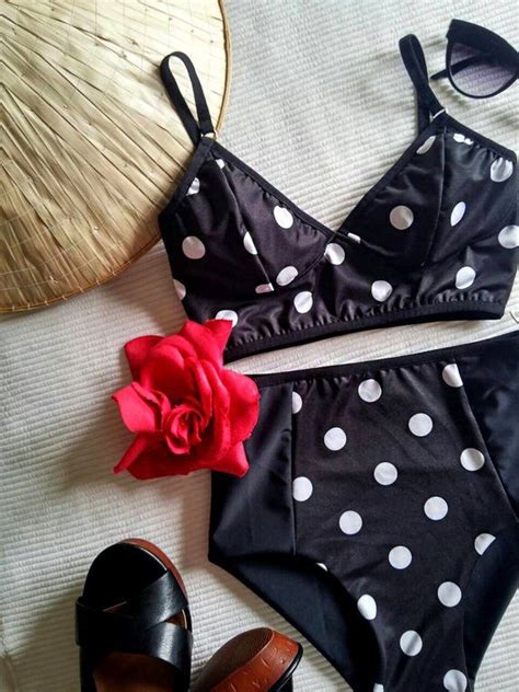 Black Polka Dot Bikini Set With Longline Bralette Top 1950s Etsy