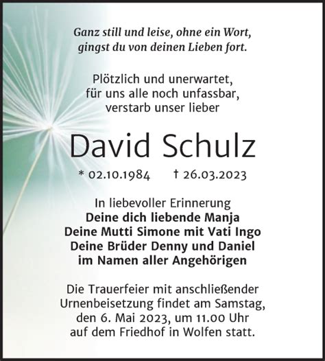 Traueranzeigen Von David Schulz Abschied Nehmen De