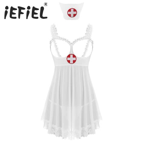 Womens Naughty Nurse Sexy Costume Lingerie Uniform Cosplay Dress Open Cup See Through Mesh