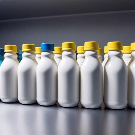 Premium Ai Image A Row Of White Bottles With Blue Caps And Yellow