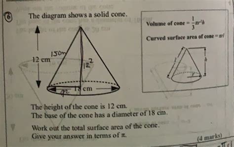 Solved The diagram shows a solid cone Volume of cone 1 3 π r 2h