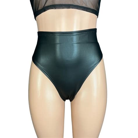 HIGH Thigh Hot Pants In Black Matte Metallic Spandex Faux Leather Bikini Bottom For Rave