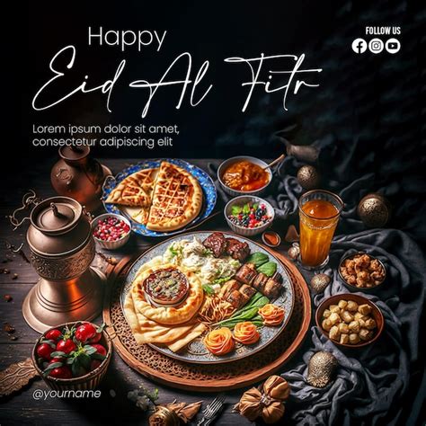 Pôster feliz do eid alfitr fundo de comidas e bebidas deliciosas