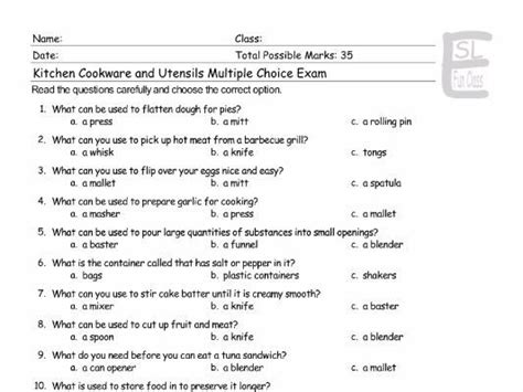 Kitchen Cookware And Utensils Multiple Choice Exam Teaching Resources