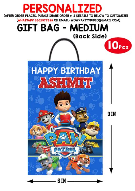 Personalized Paw Patrol Birthday Party Return T Bag 10pcs