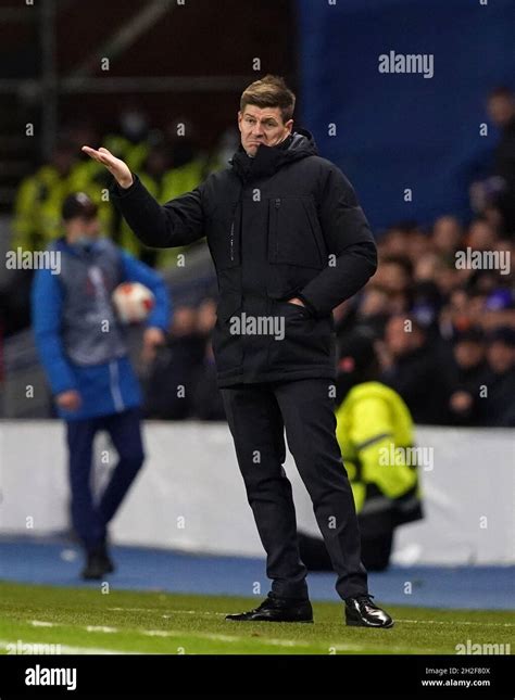 Rangers Manager Steven Gerrard Gestures On The Touchline During The