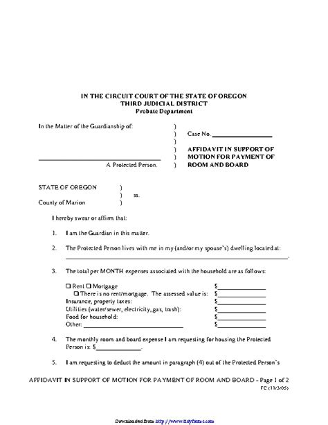 Oregon Affidavit In Support Of Motion For Payment Of Room And Board