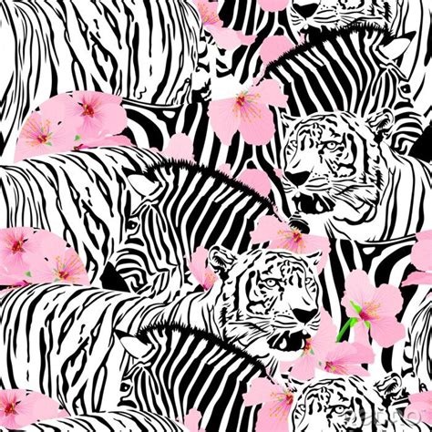 Tapete Muster Zebrastreifen Und Tiger Mit Rosa Blumen Nach Maß Myredrode