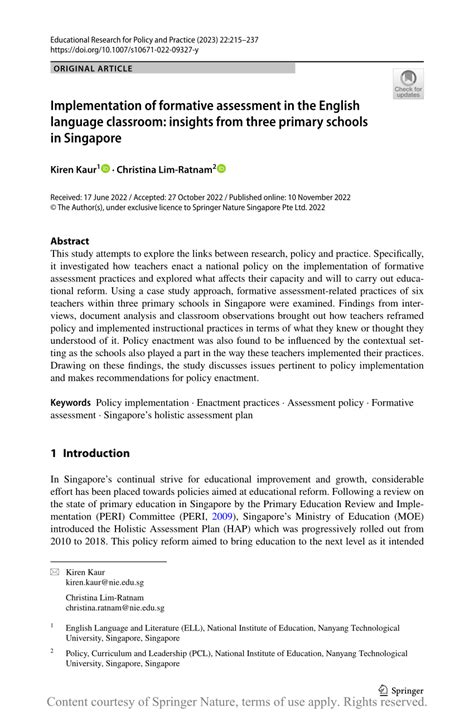 Implementation Of Formative Assessment In The English Language Classroom Insights From Three