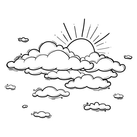 Sun And Cloud Engraving Outline Drawing