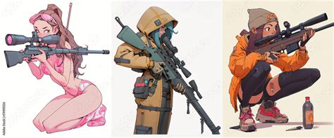 Portrait Of Anime Girls With Sniper Rifle Military Character Design White Background