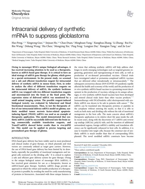 PDF Intracranial Delivery Of Synthetic MRNA To Suppress Glioblastoma