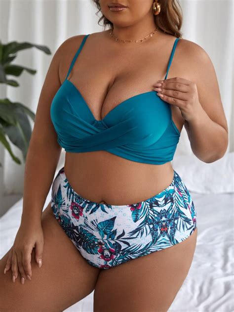 SHEIN Swim Curve Plus Size Tropical Print Wrap Cross Push Up Bikini Set Summer Beach SHEIN USA