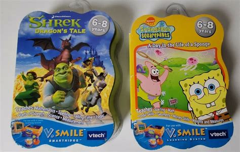 Vtech Shrek Dragons Tale Vsmile Spongebob Video Game Lot 6 8 Years