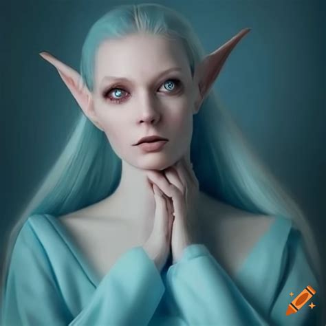 Portrait Of A Mature Female Elf In A Light Blue Robe With Long Hair On