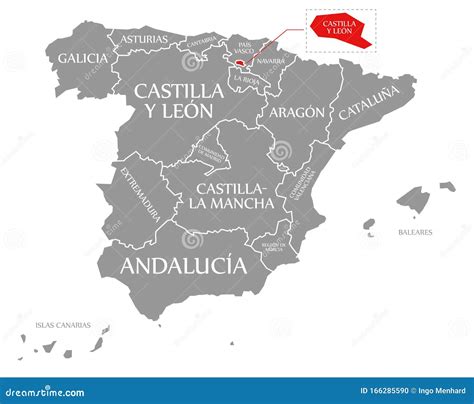 Castilla and Leon Red Highlighted in Map of Spain Stock Illustration ...