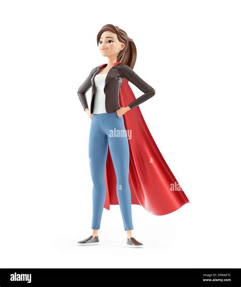 3d Cartoon Woman Standing With Red Cape Illustration Isolated On White