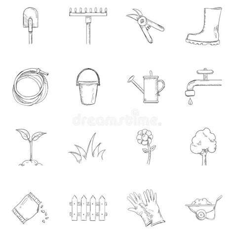 Sketch Garden Icons Vector Set Of Gardening Tools And Plants Stock