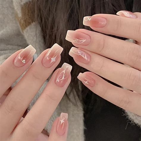 Amazon JaoZuyard Nude Fake Nails Square Press On Nails Short Daily Wear Artificail Star