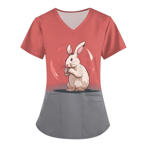 Qcmgmg Womens Uniforms Easter Scrub Top Egg Workwear Rabbit Scrubs V Neck Bunny Scrub Top Short