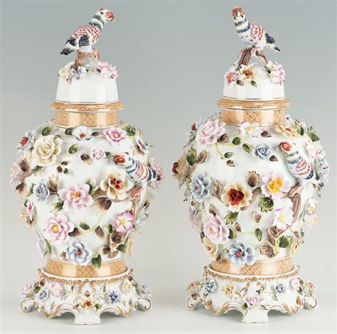 Lot Pr Richard Klemm Dresden Floral Encrusted Porcelain Urns