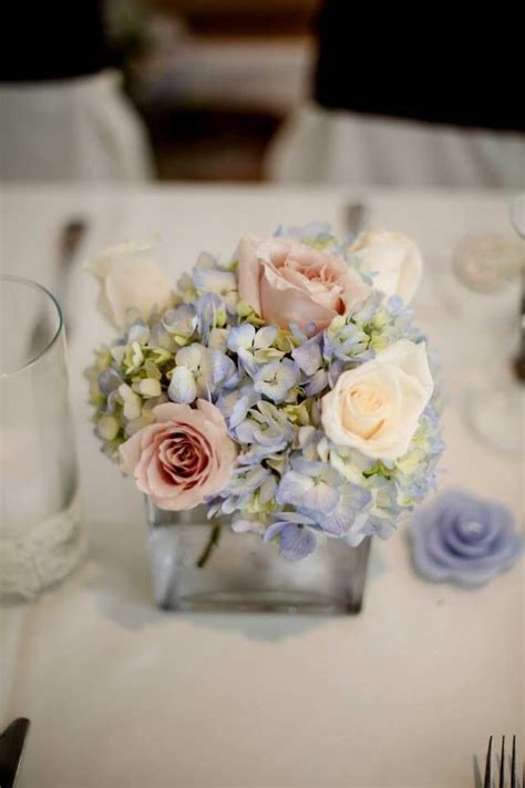 Small Wedding Centerpieces Blue Hydrangea And Pale Pink Roses Flower