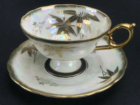 Vintage Castle China Japan Hand Painted Footed Cup Saucer Pearl