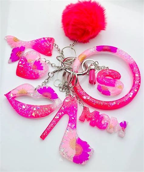 Pink Sunflowers Glitter Flakes Personalized Resin Initial Keychain