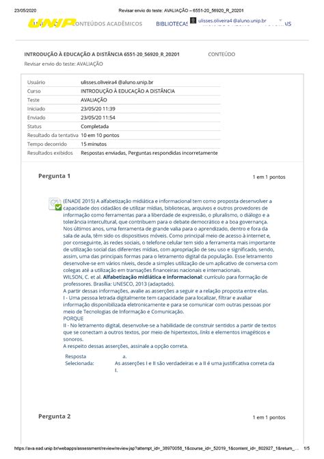 AVAL INTRODUÇÃO A DISTANCIA Revisar envio do teste AVALIAÇÃO