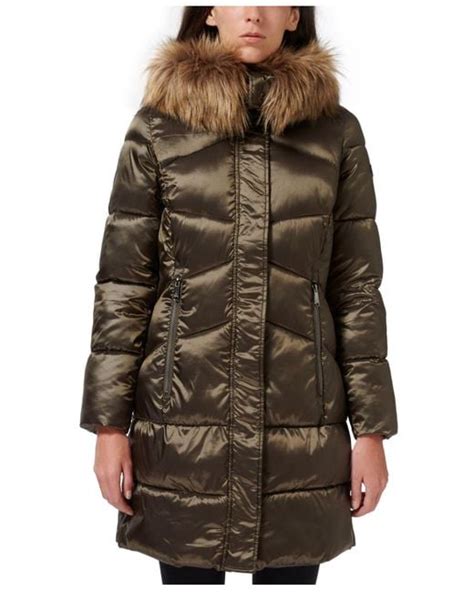 Sam Edelman High Shine Faux Fur Trim Hooded Puffer Coat Lyst