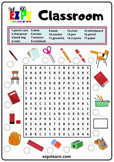 Free English Word Search Game Classroom Objects Worksheet