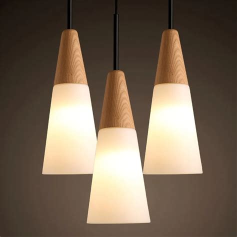 Nordic Style Oak Wood Led Pendant Lights Creative Brief White Glass