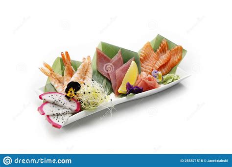 Sashimi Sushi Set With Raw Fish On Banana Leaves Isolated On White