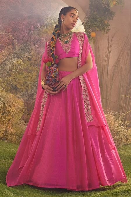 Buy Pink Silk Organza Bloom Embroidery Glass Neck Petunia Cape Lehenga