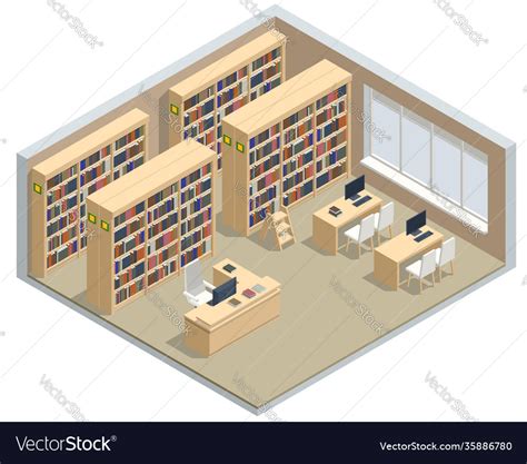 Isometric Bookshelves In Library Books In Vector Image