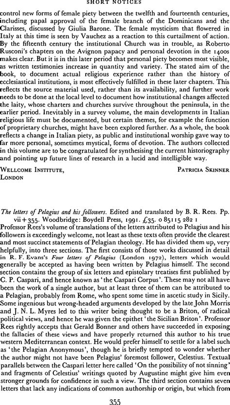 The Letters Of Pelagius And His Followers Edited And Translated By B