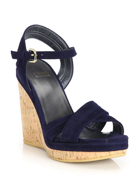 Stuart Weitzman Minky Suede Cork Wedge Sandals in Blue | Lyst