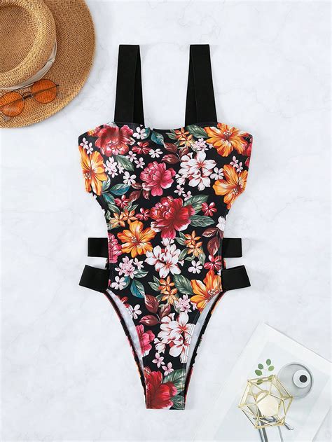 Floral Print Cut Out Side One Piece Swimsuit Shein Usa